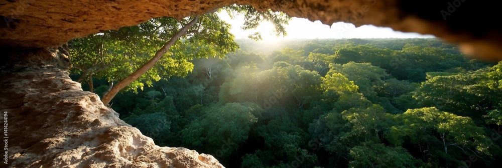 Fototapete sunlight streams through the lush green canopy of trees viewed from a rock formation. warm light and