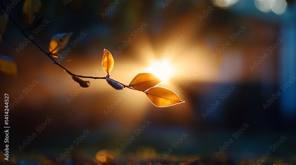 Poster golden autumn leaves on a branch illuminated by the warm sunset light creating a dreamy bokeh backgr