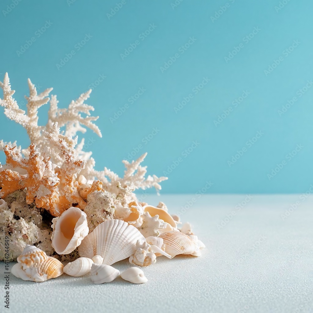 Poster close-up shot of various seashells coral and aquatic elements against a turquoise background creatin