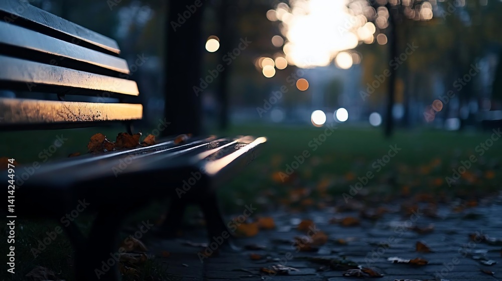 Leinwandbilder a generic park bench in soft focus with autumn leaves scattered on the ground and bokeh lights in th