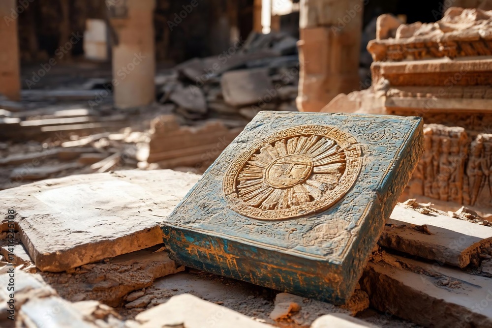 Poster Close-up of a weathered rectangular artifact with a circular embossed design amidst a ruined stone structure, bathed in natural sunlight