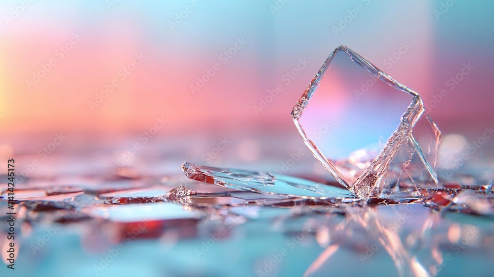 Poster Abstract composition featuring fragmented reflective glass on a surface with blurred background and soft lighting. Colors include blue orange and turquoise enhancing visual texture