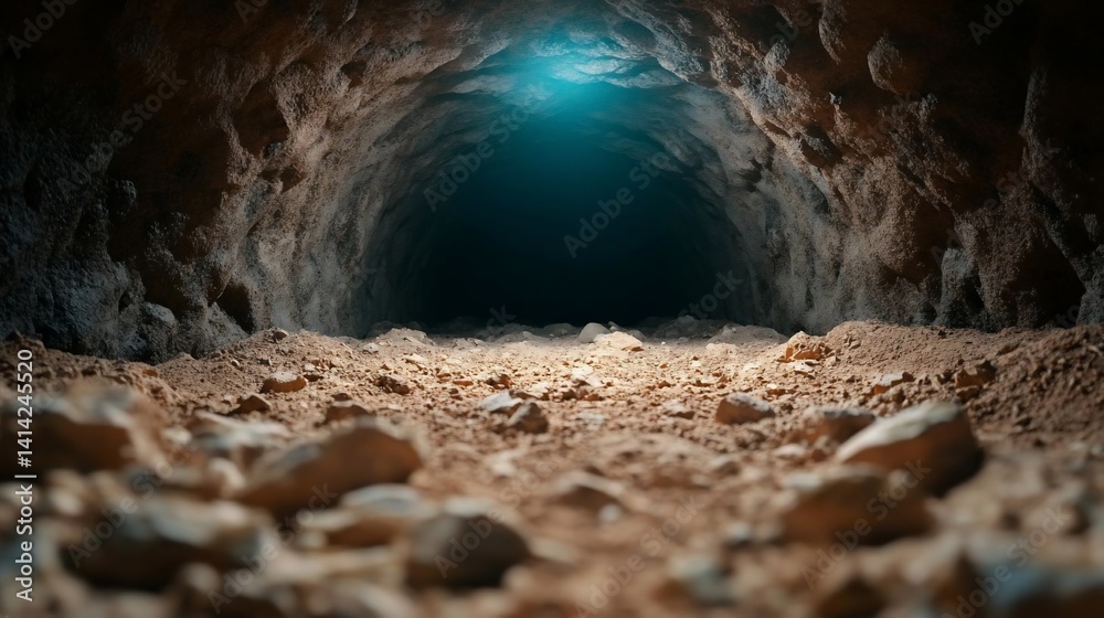 Fototapete A perspective view inside a dark cavern with a ground covered in small rocks. Mysterious light illuminates the end of the tunnel creating a mystical atmosphere