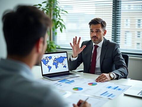 A Serious Businessman In A Suit Presents Global Market Data With Maps And Graphs On A Laptop To A Colleague During A Meeting, Discussing Charts Laid Out On The Desk, Financial Review