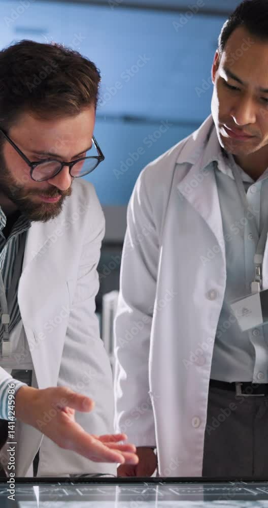 Aufkleber Lab, scientist and team with interactive display, research and analysis on web and gene sequence. Clinic, medical professional and people with tech for forensic science, screen and review of evidence
