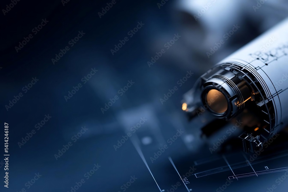 Poster Close up of a metallic cylindrical object with detailed blueprints against a dark blue blurred background. The object is illuminated creating highlights and shadows suggesting depth and texture