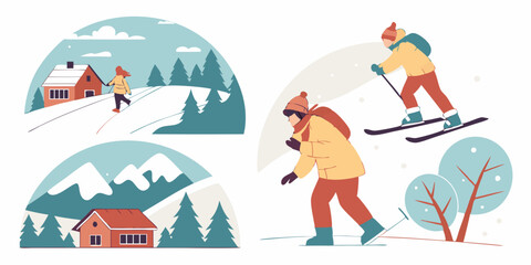 Winter Snow Scene Skiing Snow Walking Houses Mountains - Flat Vector Illustration