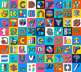 Retro y2k psychedelic font, funky typeface, geometric type letters, bright groovy alphabet. Vintage funky y2k font english abc letters and numbers vector typography set. Abstract geometric shape type
