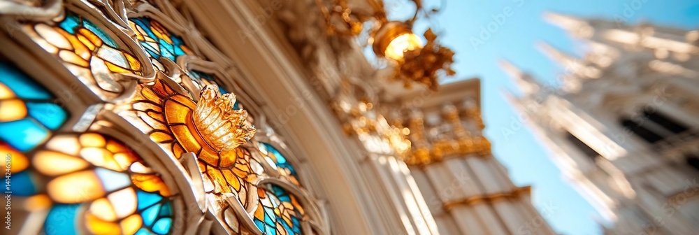 Leinwandbilder close-up of ornate stained glass window with vibrant colors and architectural details. focus on intr