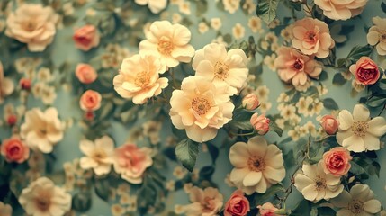 Fototapeta premium Vibrant floral pattern with orange and yellow roses and green leaves on blue background