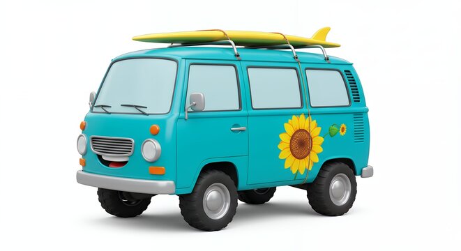 Cartoon summer van with surfboard beach vacation illustration