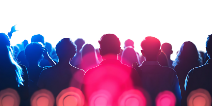 Silhouette of concert crowd with vibrant stage lights isolated on white background PNG. GENERATIVE AI