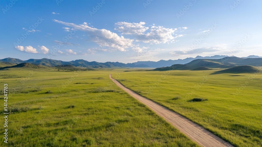 Fototapete Aerial view of a grassy field with a dirt path leading towards distant hills under a partly cloudy sky. The landscape is bathed in soft sunlight creating a sense of tranquility
