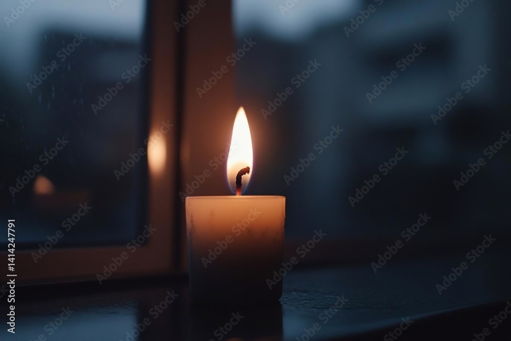 Aufkleber A lit candle casting a warm glow against a backdrop of a window and a rainy day. The soft light contrasts with the dark tones creating a tranquil atmosphere