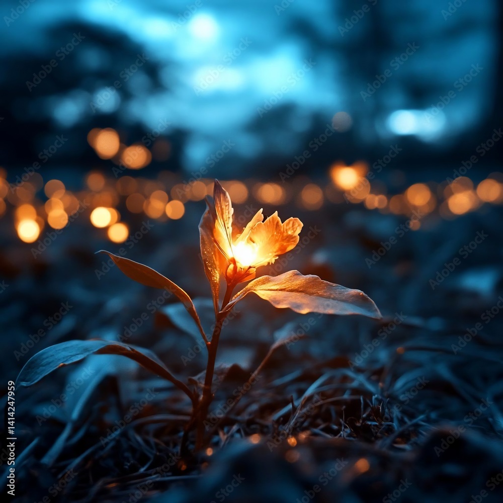 Poster Close-up of a glowing orange flower with a bright center amidst blurred bokeh lights and a dark blue background. The image captures the contrast of light and shadow with a shallow depth of field