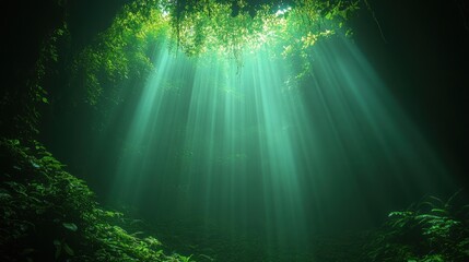 Sunbeams Illuminating a Lush Green Cenote