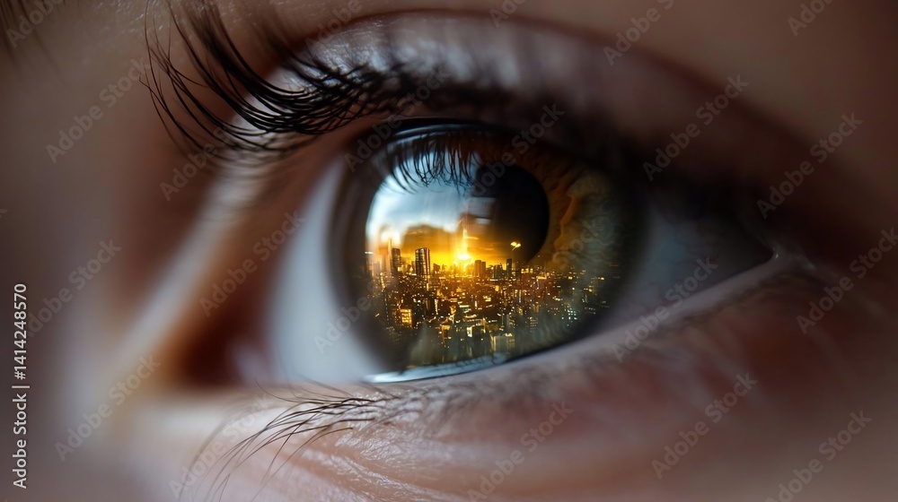 Poster close-up macro eye with city reflection showcasing urban landscape and golden hour illumination high