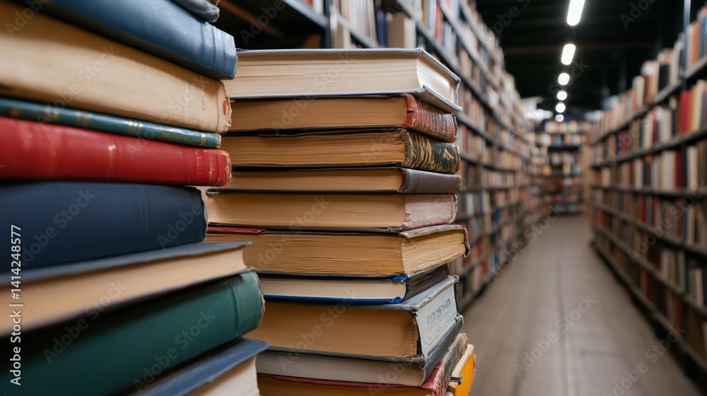 Poster stack of old books in foreground with blurred library bookshelves in the background. focus on vintag