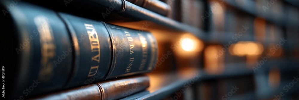 Poster close up of library books with golden titles arranged on wooden shelves. warm ambient lighting creat