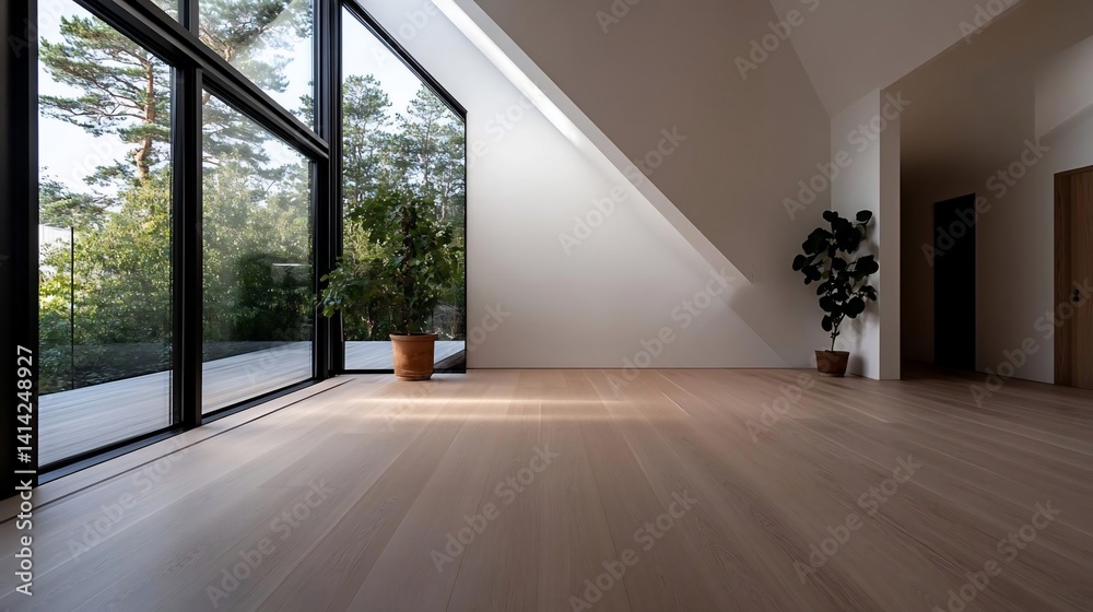 Poster interior space with large windows framing a vibrant green forest. sunlight streams across the wooden