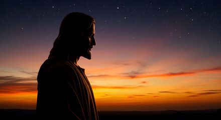 Fototapeta premium Silhouette of a Person Contemplating the Sunset and Starry Sky