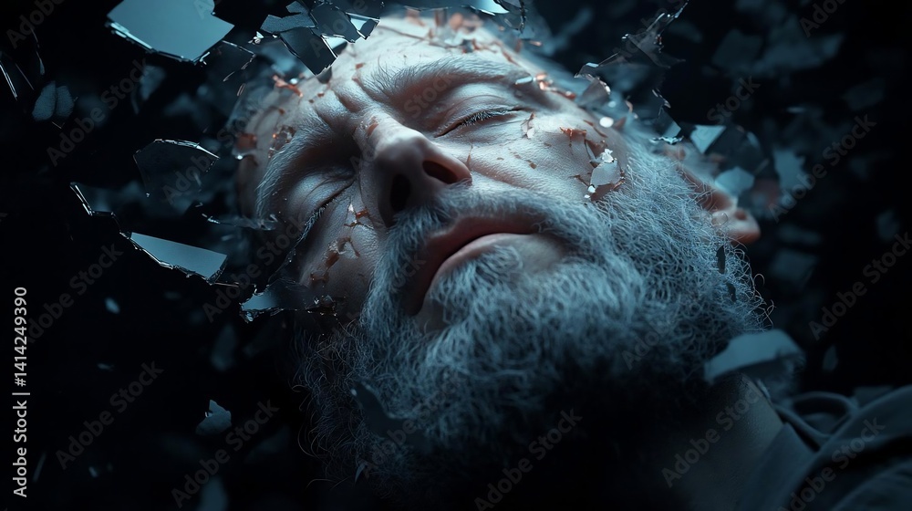 Aufkleber a close-up view showcases a person's face enveloped by shattered glass fragments against a dark back