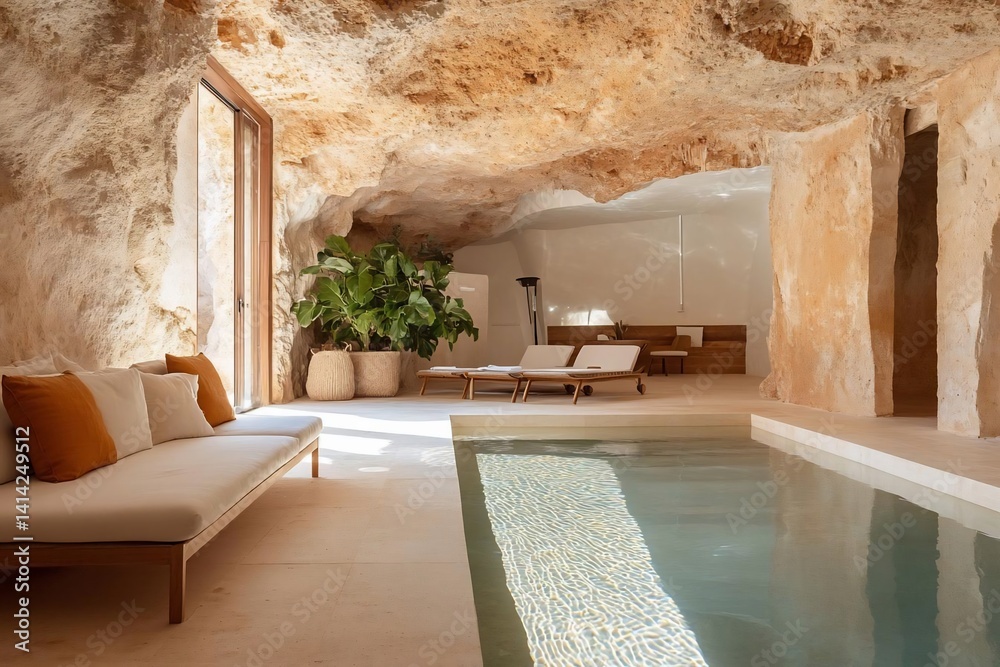 Leinwandbilder interior view of a cave-like space with a pool and seating area. features a light-colored stone stru