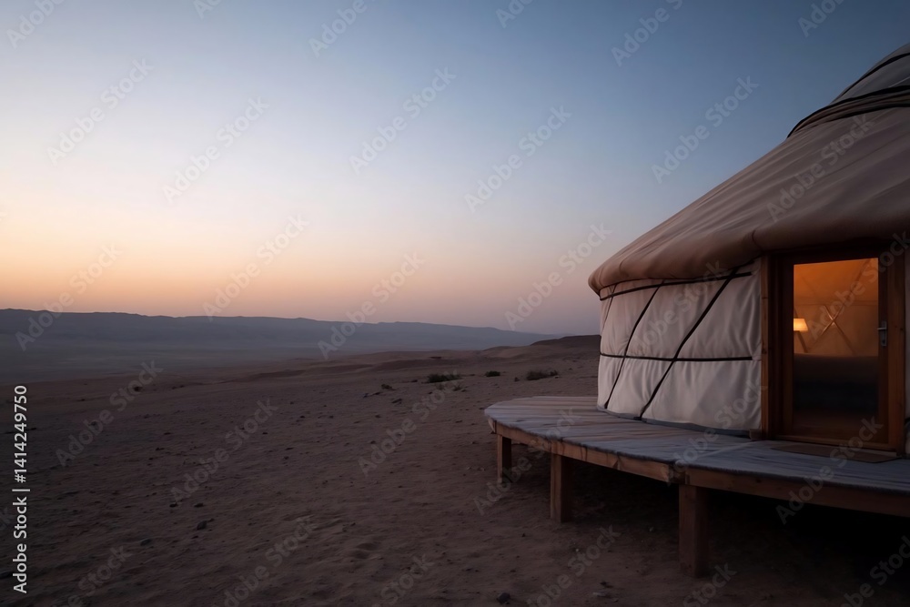 Fototapete a yurt illuminated at sunset against a desert landscape under a gradient sky. the wooden structure w