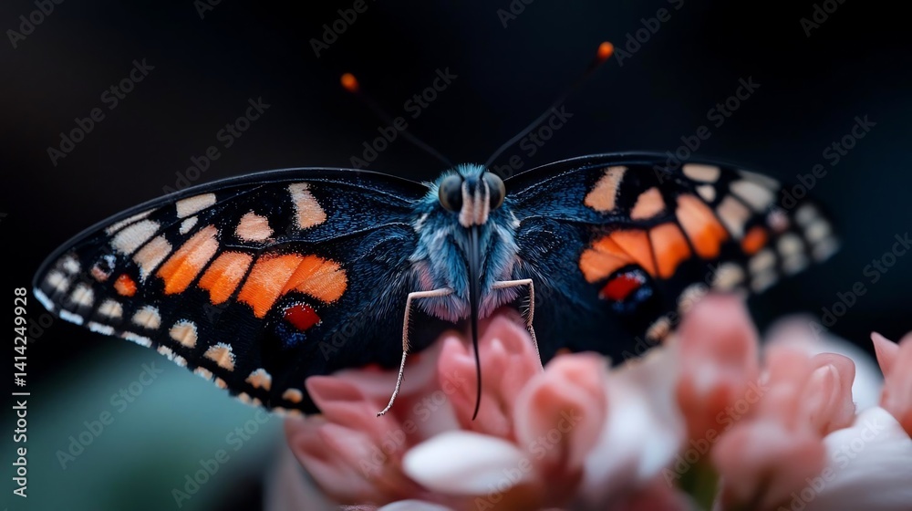 Aufkleber A close-up view of a butterfly perched on a pink flower with open wings showcasing vibrant colors and intricate patterns against a blurred background
