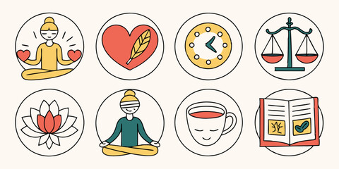 Wellness Mindfulness Icons Set Meditation Heart Time Justice Lotus Tea Book Line Art Vector
