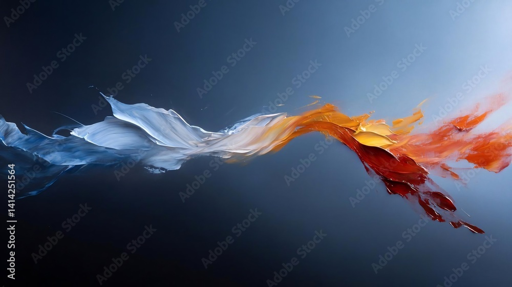 Poster Abstract composition featuring dynamic streaks of orange and blue hues blending across a gradient dark background evoking fluidity and contrast