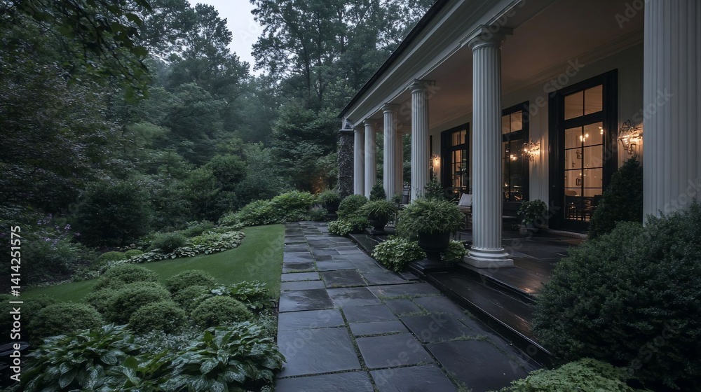 Leinwandbilder exterior view of a house with a stone pathway surrounded by lush greenery and a colonnade. the scene
