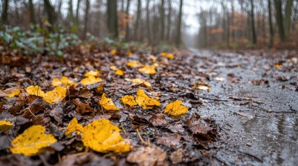 Obraz premium Autumn forest path with yellow leaves and rocky stream nature photography