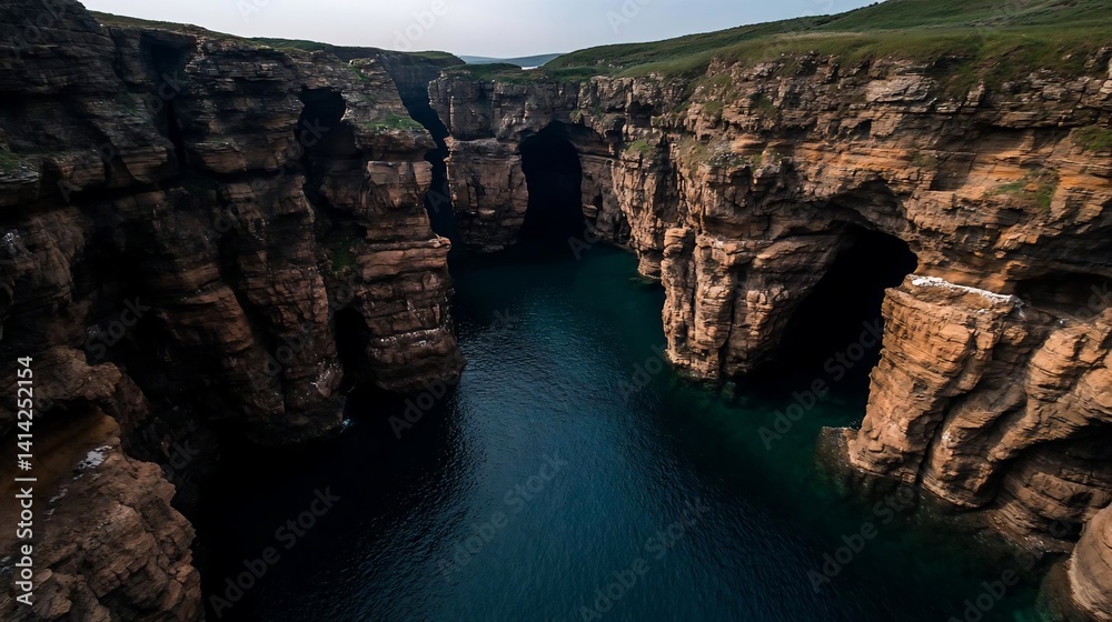 Poster aerial view of a dramatic coastal inlet featuring rugged cliffs and turquoise water. sunlight create