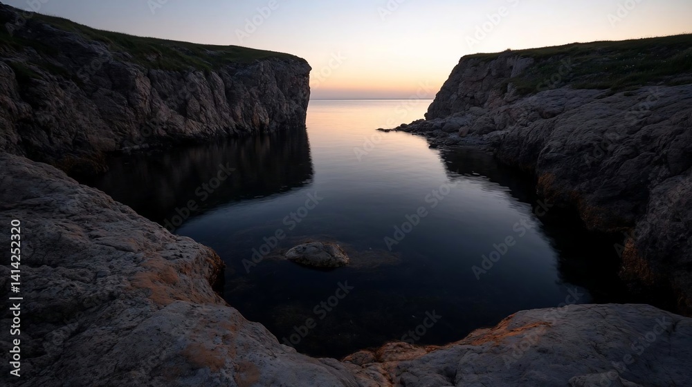 Poster a scenic coastal landscape at dusk features a calm body of water framed by rocky cliffs with subtle 