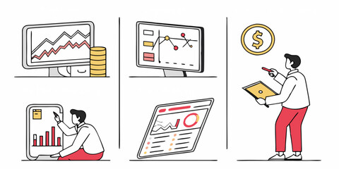 Business Financial Data Analysis and Investment Flat Design Illustration: Charts, Graphs, Money, People Analyzing Stock Market Trends and Data