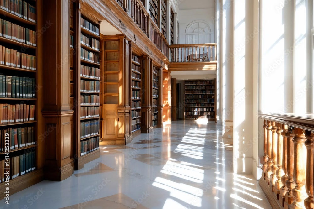 Leinwandbilder elegant library interior featuring sunlight streaming through tall windows illuminating polished woo