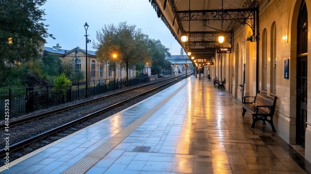Poster a wet train station platform reflects warm light under a dim sky. empty benches and tracks lead to t