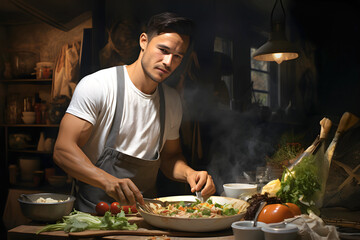 Chef prepares an exquisite meal in a rustic kitchen filled with fresh ingredients and warm cooking ambiance during evening hours