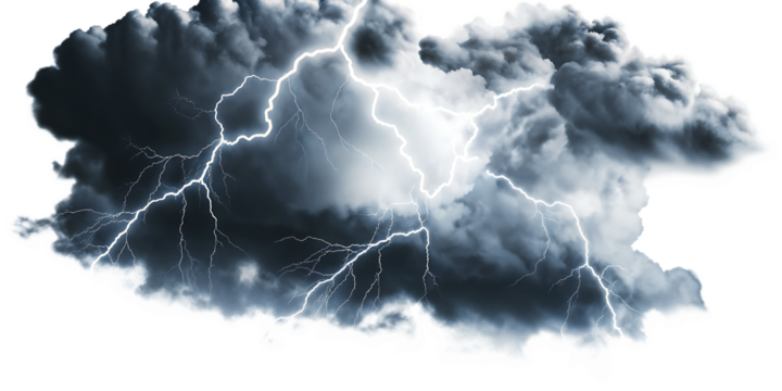 dark thunderstorm clouds with lightnings isolated on white background PNG. GENERATIVE AI