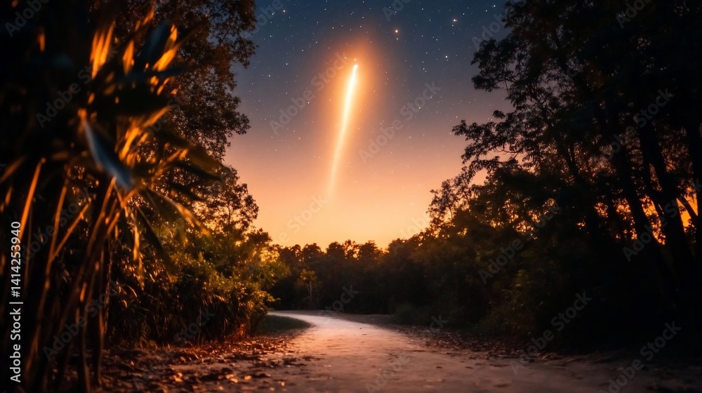Poster a pathway winds through a lush forest bathed in the warm glow of twilight. a radiant light streaks a