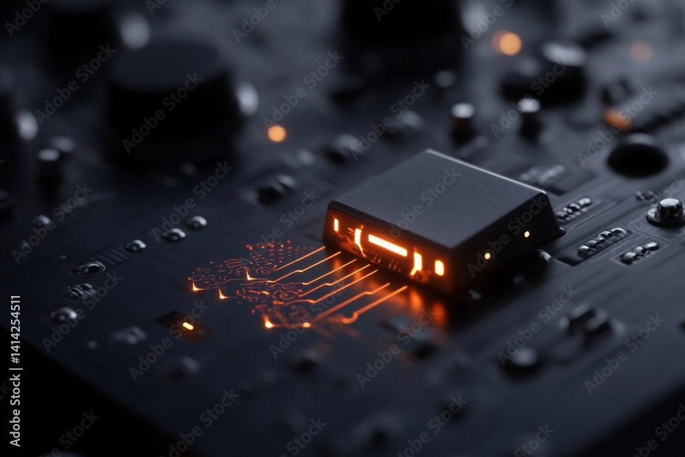 Poster Close-up of a dark circuit board with an illuminated central component glowing orange with intricate detailing and a shallow depth of field