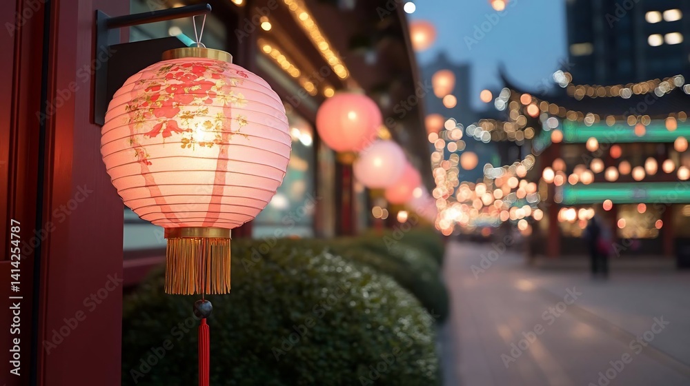Aufkleber festive scene of glowing lanterns illuminating a street scene with bokeh lights creating a soft ambi