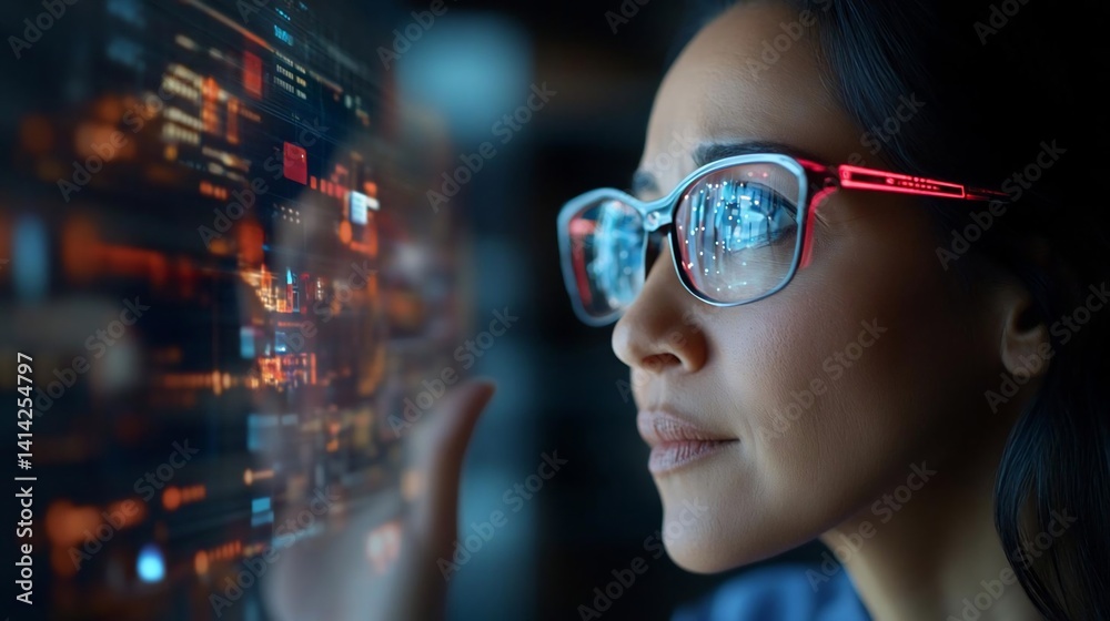 Poster a woman wearing glasses with data reflections gazes intently at a glowing display. the scene is diml