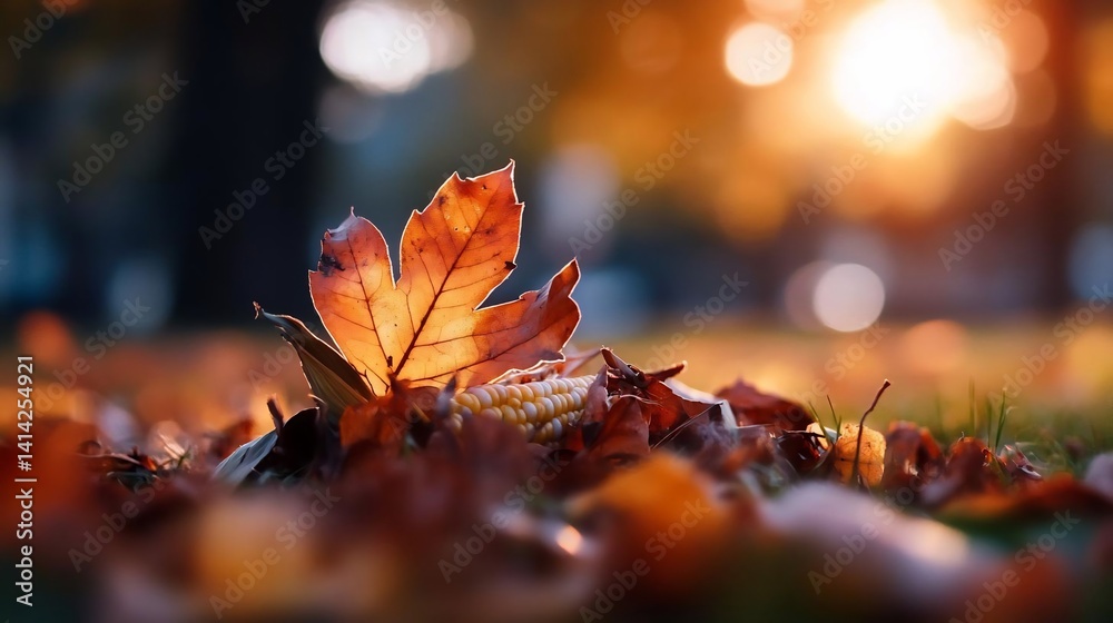 Aufkleber close-up of a vibrant autumn leaf illuminated by golden sunlight creating a warm atmospheric effect 