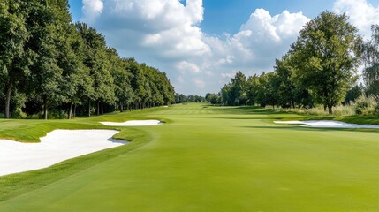 Lush green golf course panoramic view ideal for leisure and travel marketing