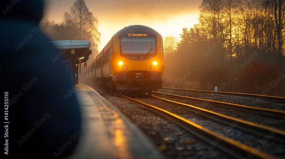Poster train arriving at a station during sunset with warm colors and atmospheric lighting. person in the f