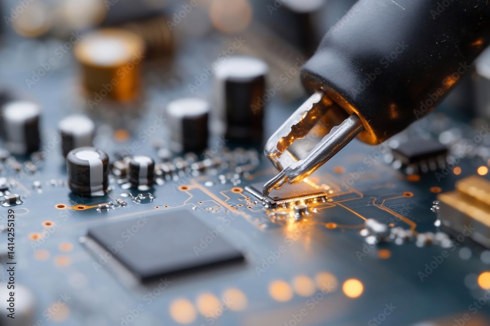 Poster Close-up of circuit board with soldering tool. Focus on electronic components and soldering process highlighting technology and precision