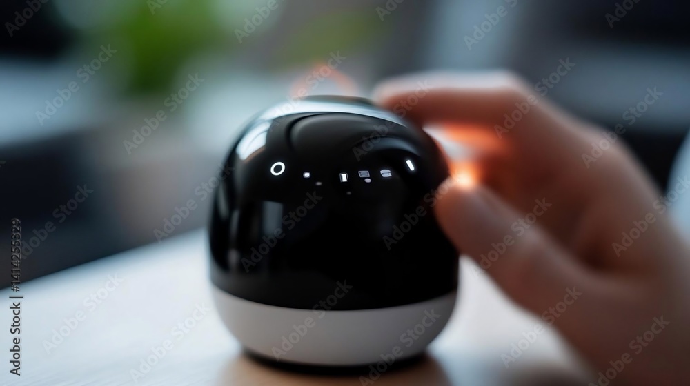 Leinwandbilder close-up shot of a person's hand interacting with a glossy black and white electronic device with so