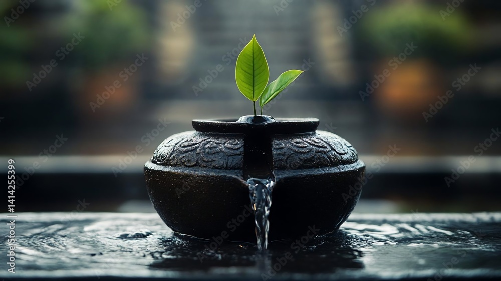 Poster a small plant sprouts from a dark pot with water flowing from a spout against a blurred background. 